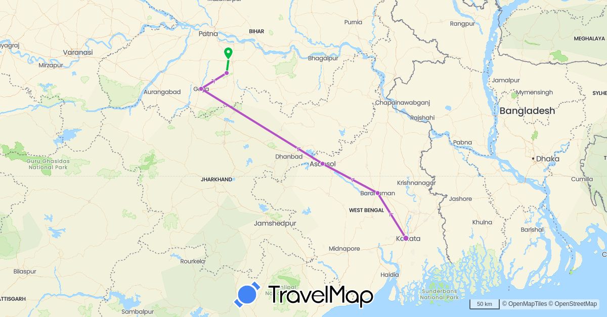 TravelMap itinerary: driving, bus, train in India (Asia)